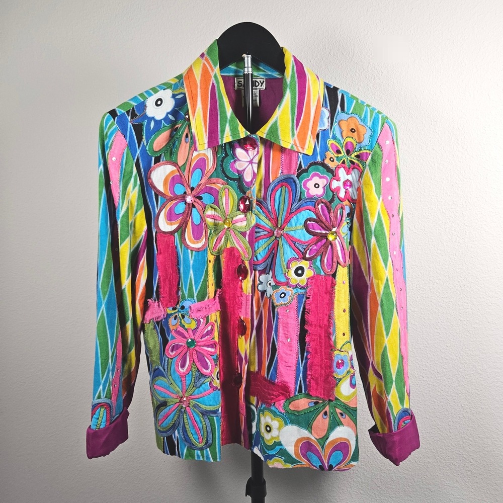 Sandy Button Front Jacket Womens Small Multicolor Floral Embroidered Art To Wear